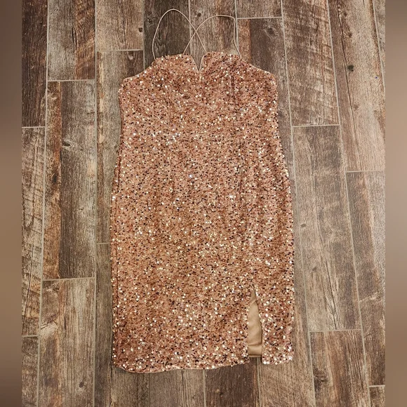 shein rose gold sequin dress SHEIN BAE Crisscross Backless Ruched Glitter Bodycon Dress | Dress